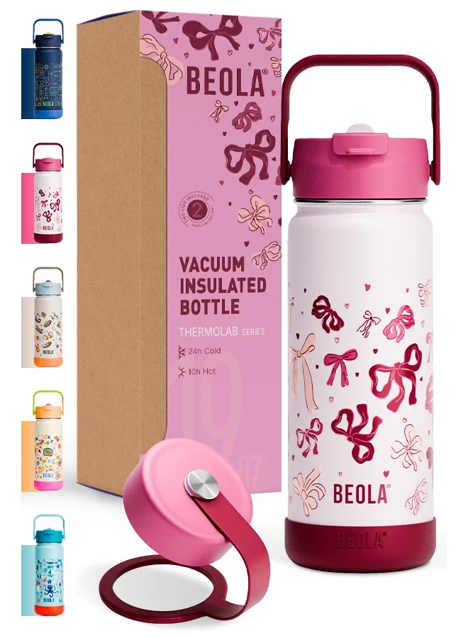 BEOLA Kids Insulated Water Bottle 18/8 Stainless Steel Double Wall Vacuum Thermos with Straw Lid (Blush & Bows, 550 mL) dygby