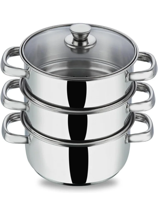 VINOD Stainless Steel 3-Tier Steamer with Glass Lid (24 cm, Silver) q75zw
