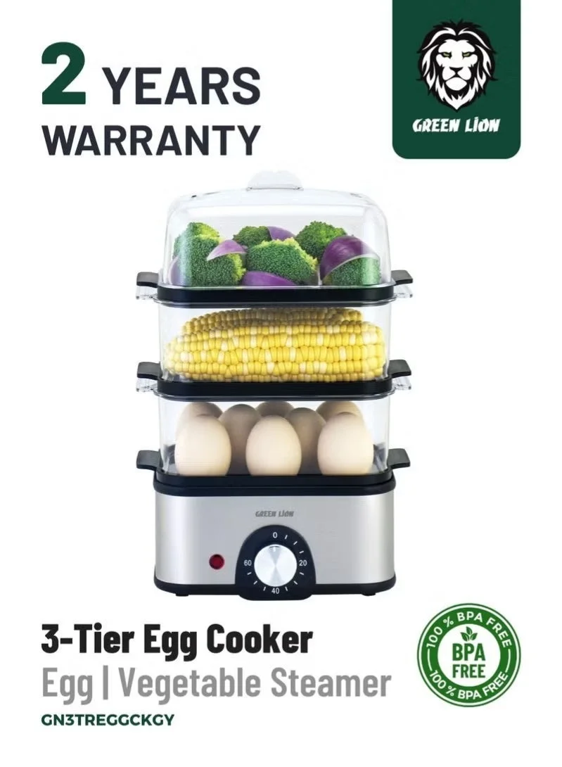 GreenLion 3-Tier Electric Egg Cooker and Vegetable Steamer with Stainless Steel Heating Plate (Grey, 16 Egg Capacity) omq17