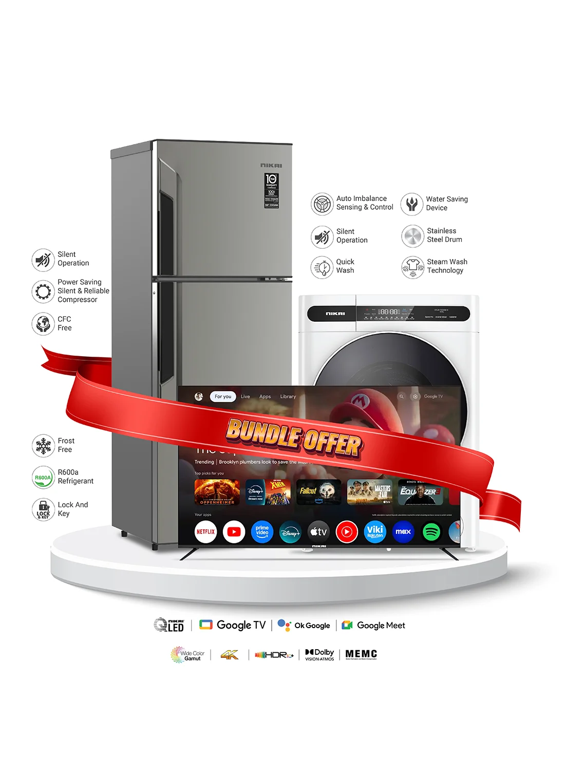Nikai Home Appliance Bundle 500L Frost Free Refrigerator, 8kg Washer Dryer, and 55-inch 4K Smart TV (Silver) 21tol