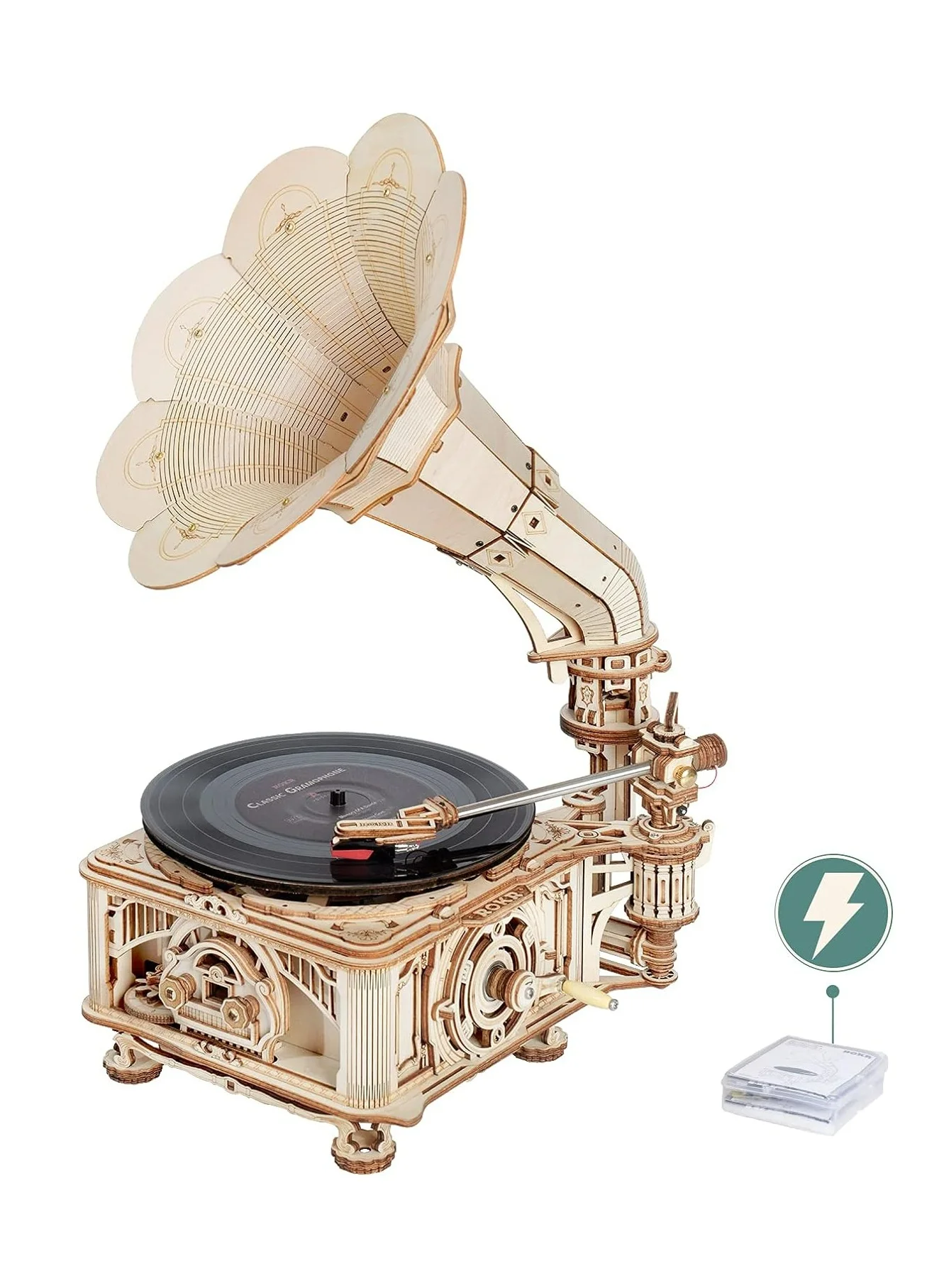 Robotime 3D Wooden Gramophone Puzzle DIY Mechanical Craft Kit (Electric & Hand Crank Modes, Premium Home Decor for Adults) 33zdd