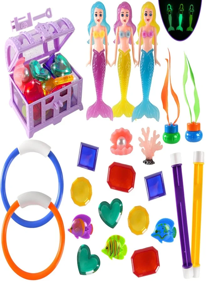 AMZFAVOR Diving Pool Toys Set for Kids, 27-Piece Mermaid and Pirate Treasure Chest Swimming Training Game for Summer Beach Parties (27 Pcs) qopau
