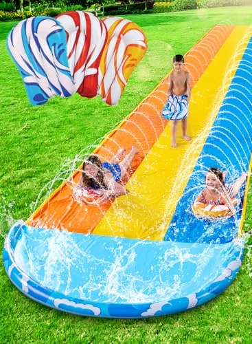 Sloosh Triple Lane Lawn Water Slide with 3 Body Boards and Sprinkler System (225ft x 82in) dv4ht