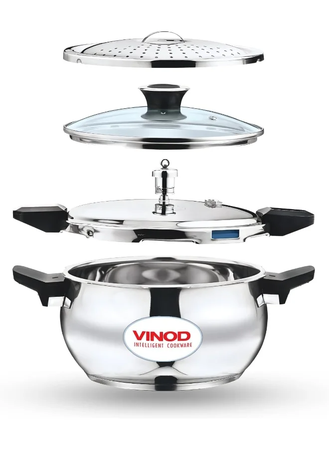 VINOD 3-in-1 Stainless Steel Pressure Cooker with Glass Lid and Strainer (Silver, 3.5 L) szii8