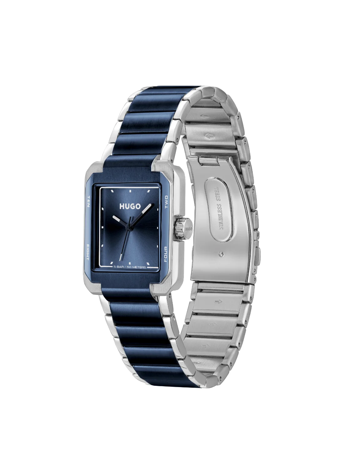 Premium Rectangle Analog Quartz Watch for Men with Blue Case and Stainless Steel Band umctb