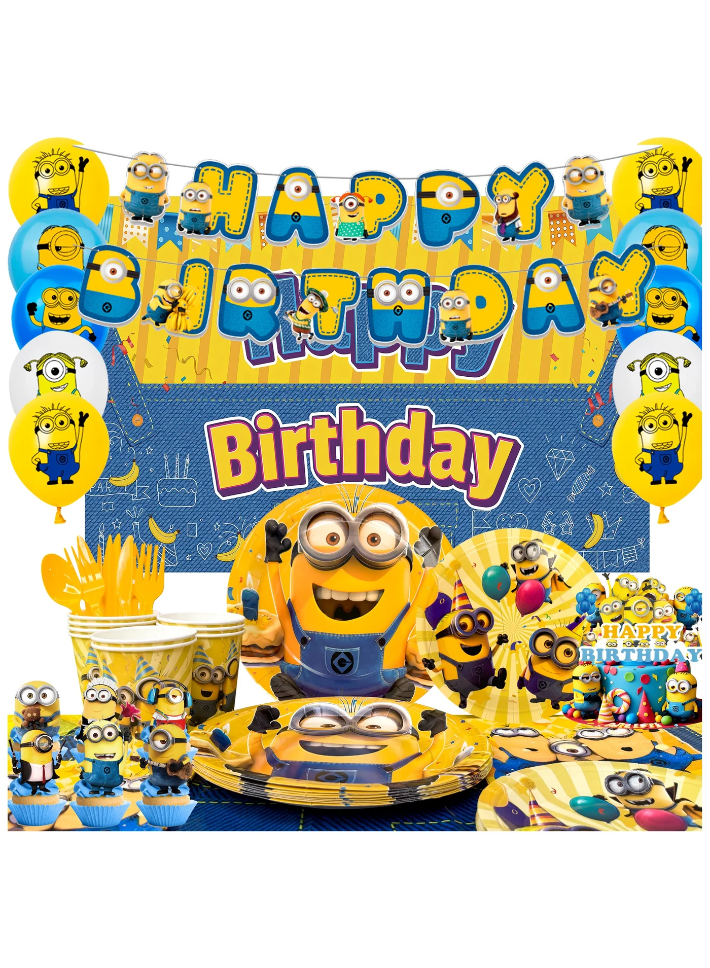 ILovhaprty Cartoon Character Birthday Party Supplies Set for 10 Guests (99 Pieces, Premium Paper Tableware and Decoration Kit) x2mi3