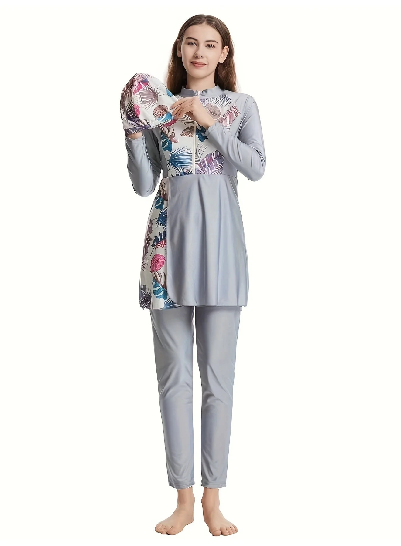Premium Conservative Swimsuit Set for Women 3-Piece Modest Full Coverage Beachwear with Trousers and Cap (Floral Print, Medium) 5kyam