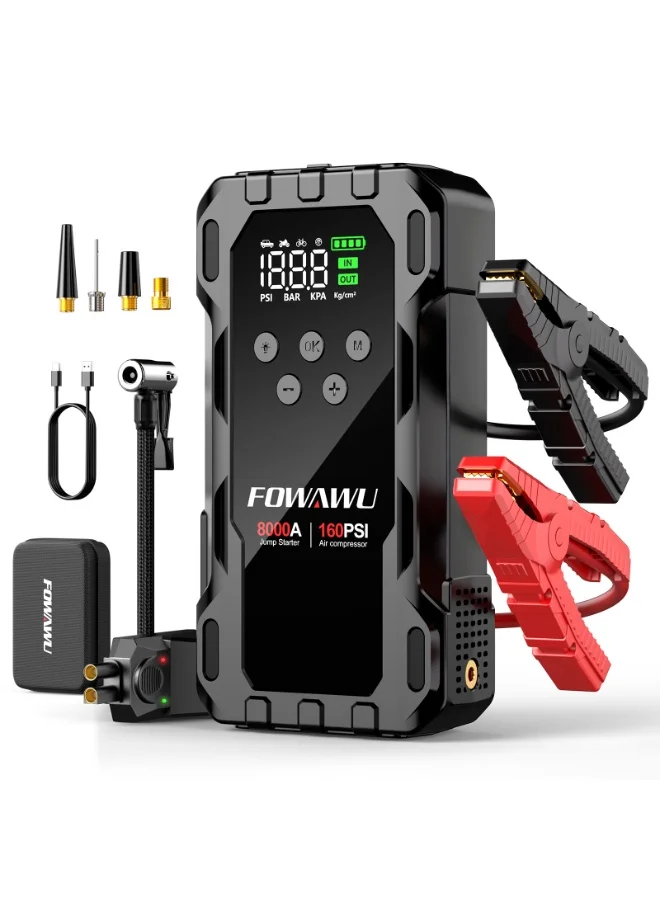 FOWAWU 8000A Portable Car Jump Starter with Air Compressor (160PSI Tire Inflator, 600 Lumens LED, Power Bank) vnmya