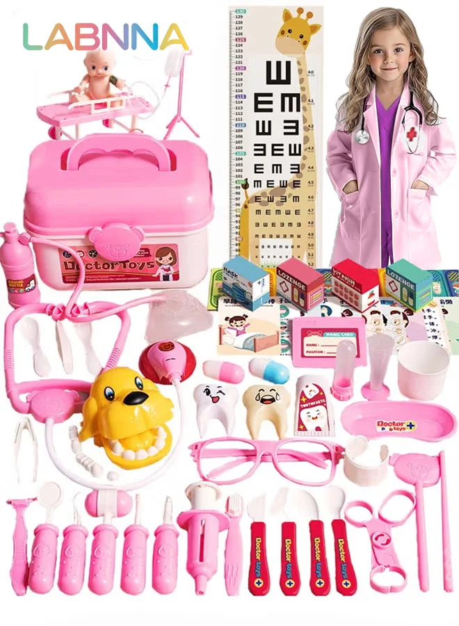 LABNNA Kids Doctor Playset Pretend Play Medical Kit with Coat and Carry Case (Pink, 65 Pieces) oqs7e