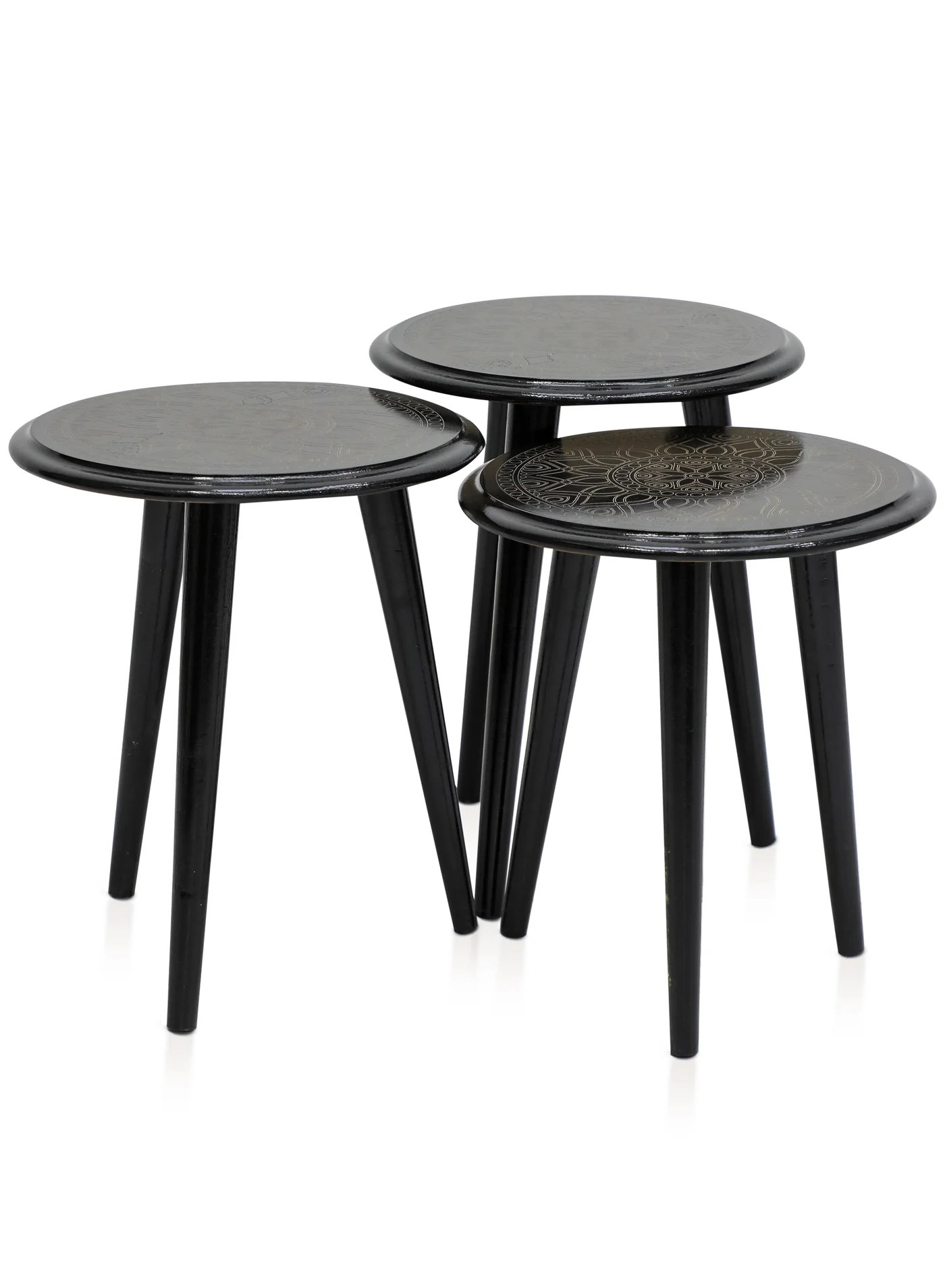 Premium Nesting Coffee Table Set of 3 Round Floral Mandala Design Space-Saving Living Room Furniture (Black, Set of 3) zfy98