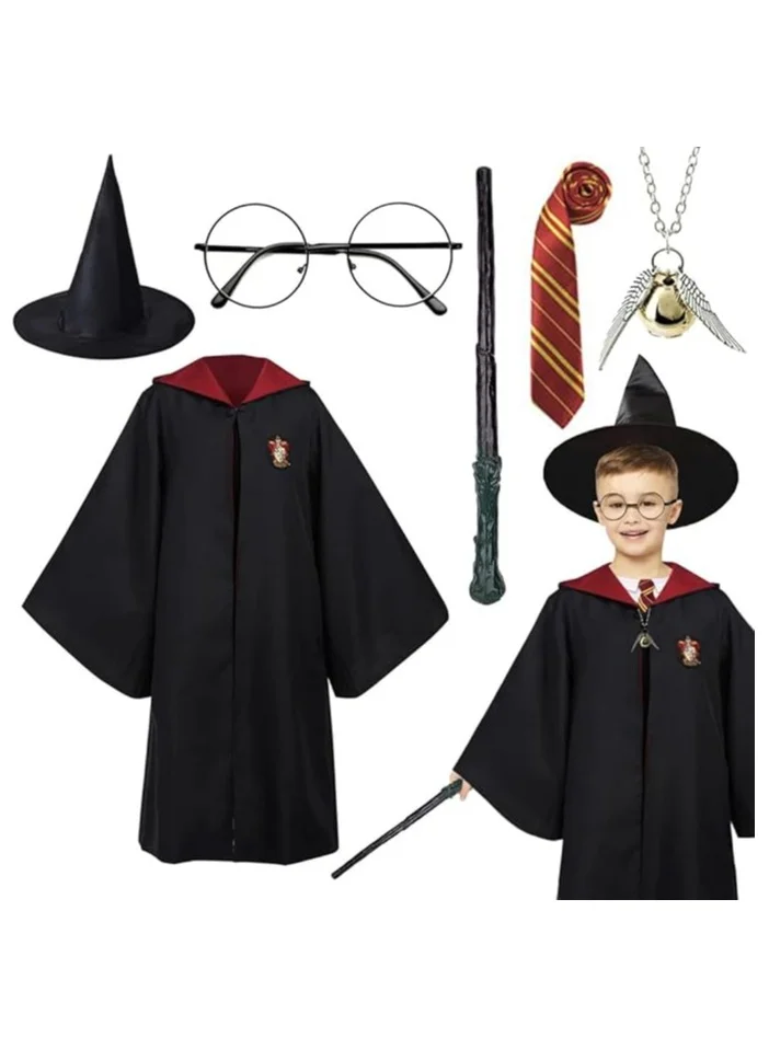 Home Smart Wizard Costume Set 6-Piece Magic Role Play Outfit with Wand Glasses Tie and Hat for Kids and Adults (One Size) cf7i1