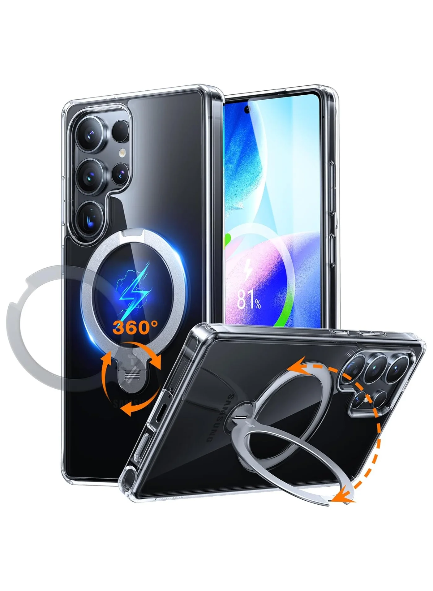 Premium Magnetic Protective Case with 360¡ã Spin Kickstand and Ring Holder for Smartphone (Clear) 5ka6k