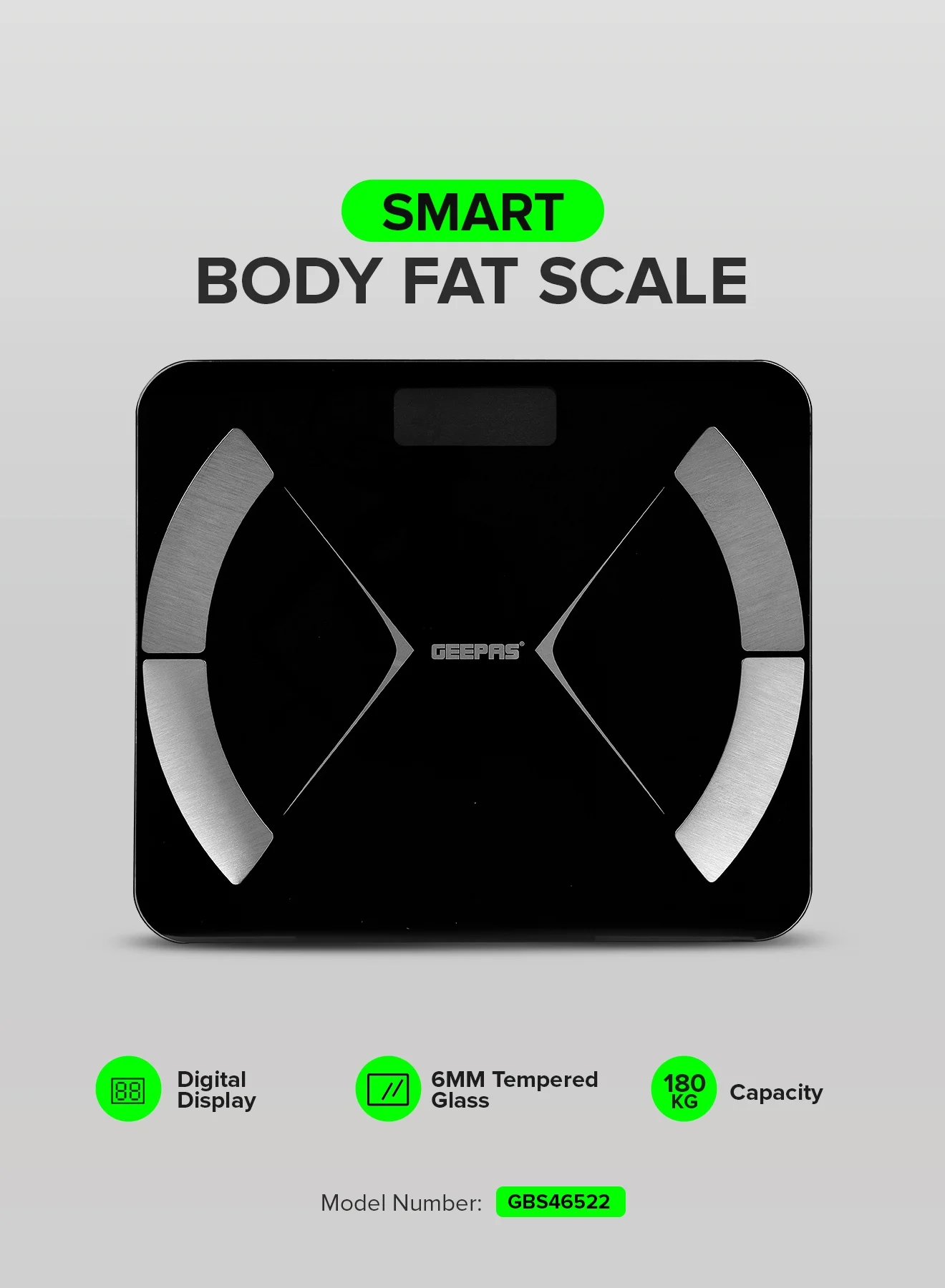 Geepas Smart Body Fat Scale with Tempered Glass Platform (Digital Health Monitor, Bluetooth Enabled) otb5r