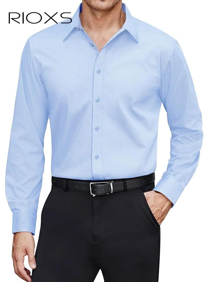 RIOXS Men's Blue Dress Shirt, Stand Collar Long Sleeve Formal Shirt, Slim Fit Business Casual Office Wear (Blue, Large) b5170