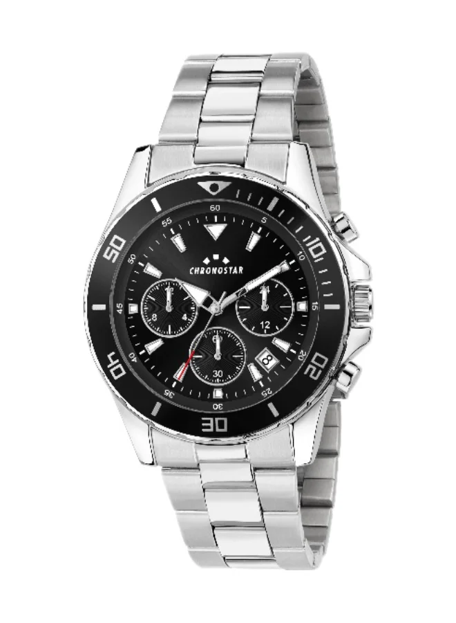 Chronostar Men's Chronograph Watch with Grey Stainless Steel Band (Black Dial, 43mm) wsby9