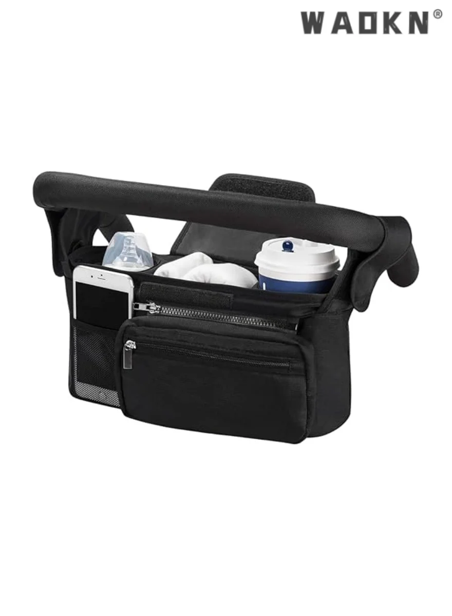 WAOKN Universal Stroller Organizer Bag with Insulated Cup Holder and Detachable Phone Pouch (Black, 35cm x 15cm x 10cm) c5lal