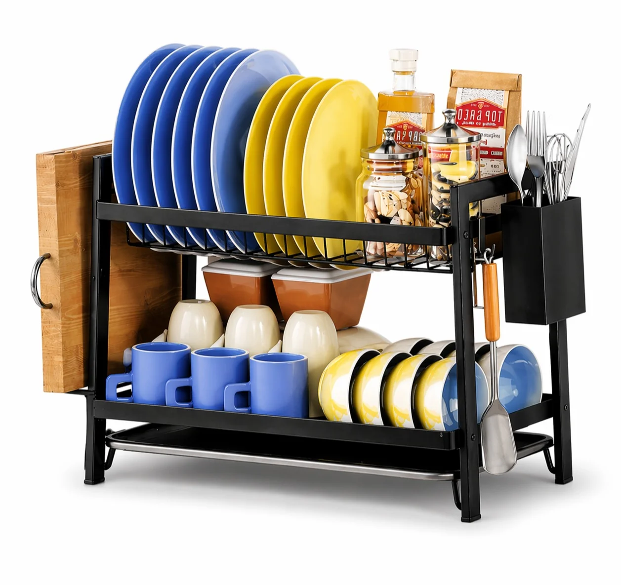 O2. 2-Tier Dish Drying Rack with Drainboard and Utensil Holder, Premium Kitchen Countertop Organizer (Black, 53 x 25 x 34 cm) auim9