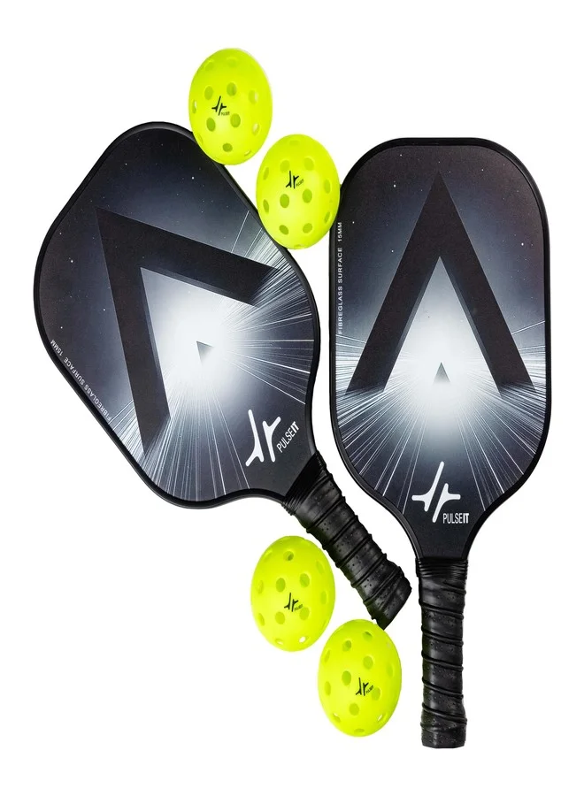 PulseIT Pickleball Set with 2 Fiberglass 16mm Paddles and 4 Balls (Lunar Black, 6-Piece Set) dd9of