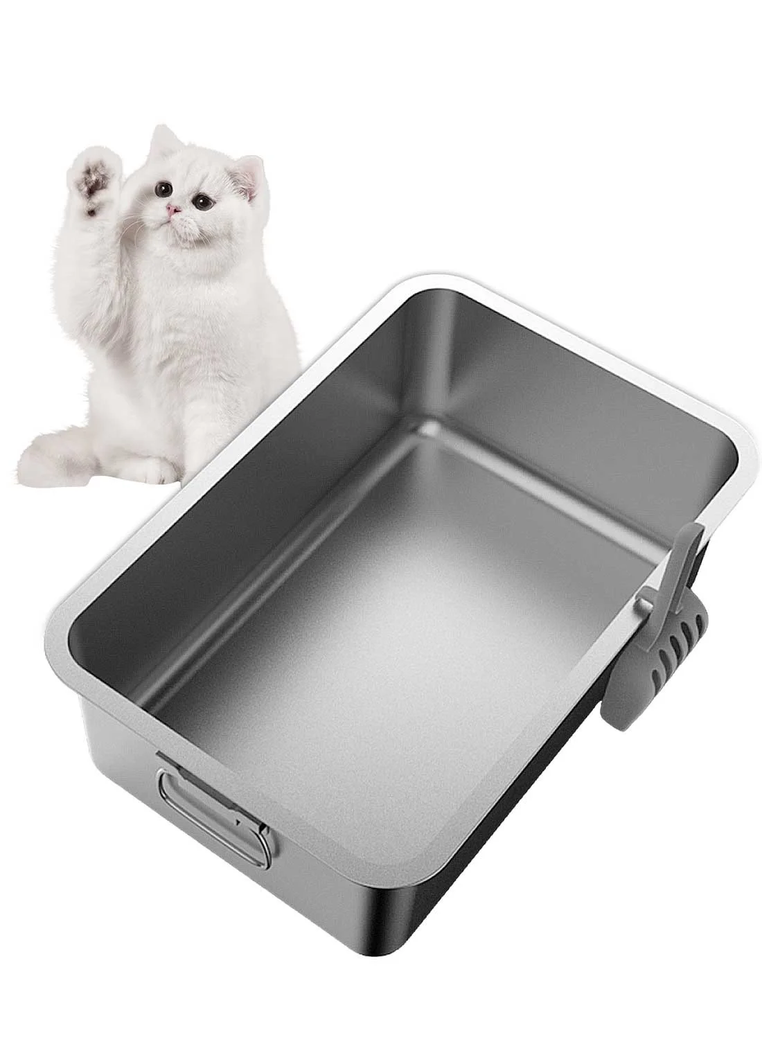 Kidle Large Stainless Steel Cat Litter Box with Scoop (Premium Metal Pet Toilet, 60 cm x 40 cm x 10 cm) 1xggi