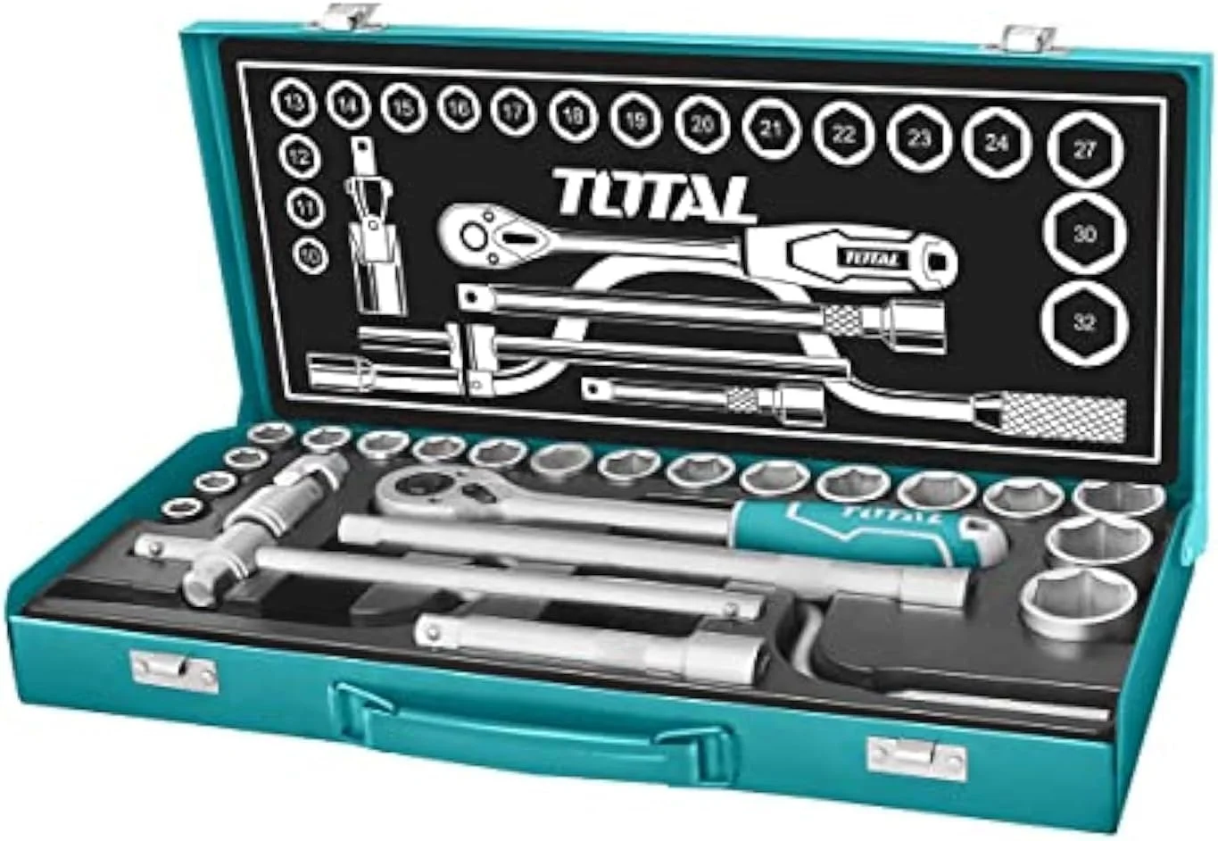 Professional 24-Piece Socket Wrench Set with Metal Storage Case (Heavy-Duty Steel, 24-Piece) v4o7o