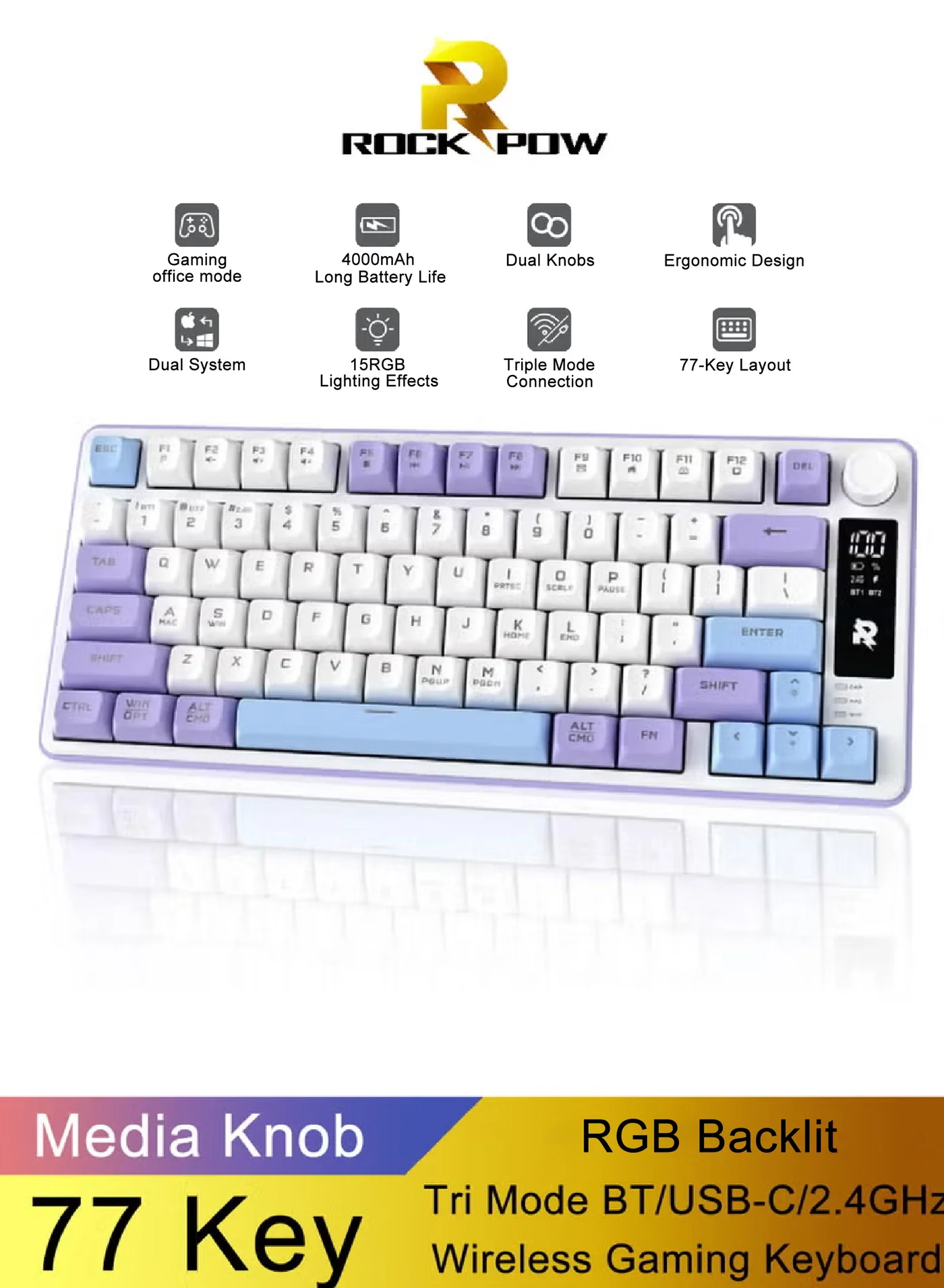 ROCK POW 75% Wireless Gaming Keyboard with Media Knob RGB Backlit Tri-Mode Bluetooth Mechanical Feel for PC and Tablet (Creamy Lavender & Blue) 9e0na