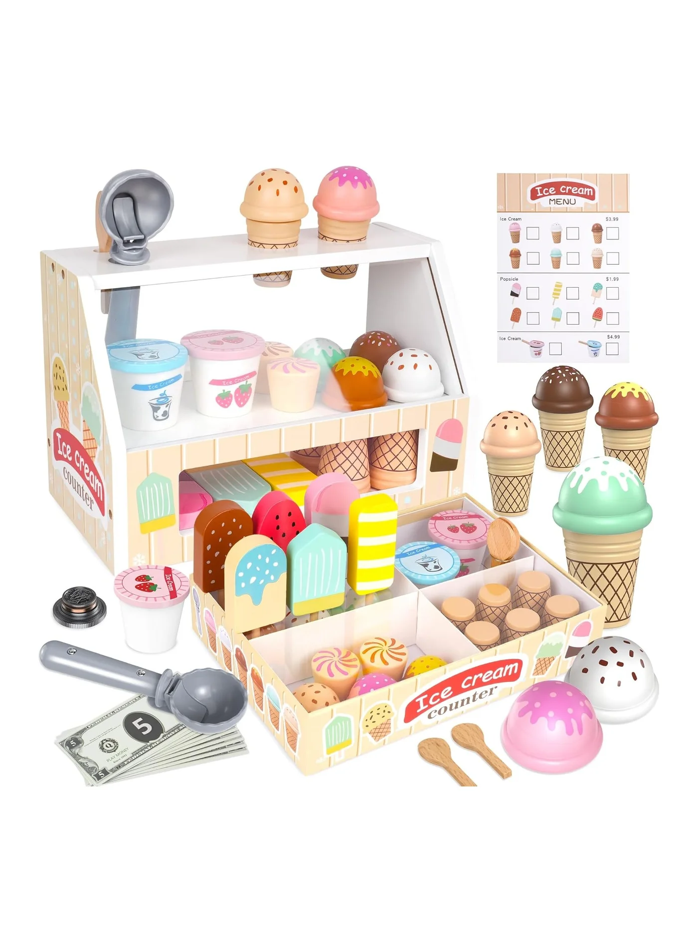 Acarebanny Wooden Ice Cream Counter Playset Pretend Play Kitchen Food Toy Set with Scoop and Play Money (Multicolor, 1 Set) l2bsq
