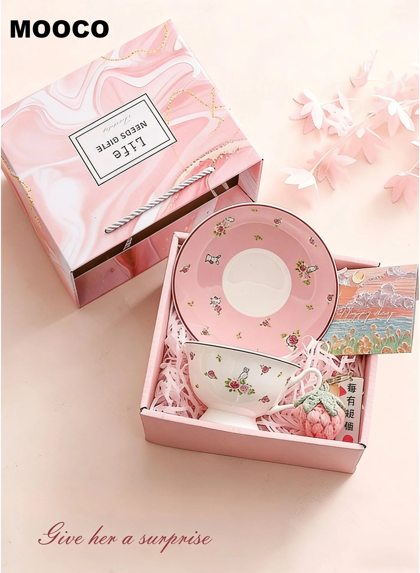 MOOCO Women's Gift Set with Ceramic Rabbit Coffee Cup and Saucer (Pink, 4-Piece Set) 0wk40