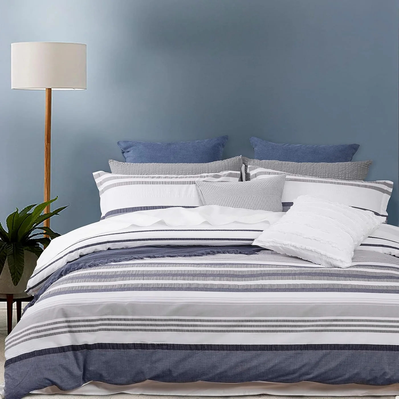 PHF Seersucker Duvet Cover Set Cotton Boho Bedding Collection (Dusty Blue, Queen Size 229cm x 234cm) d7e0v
