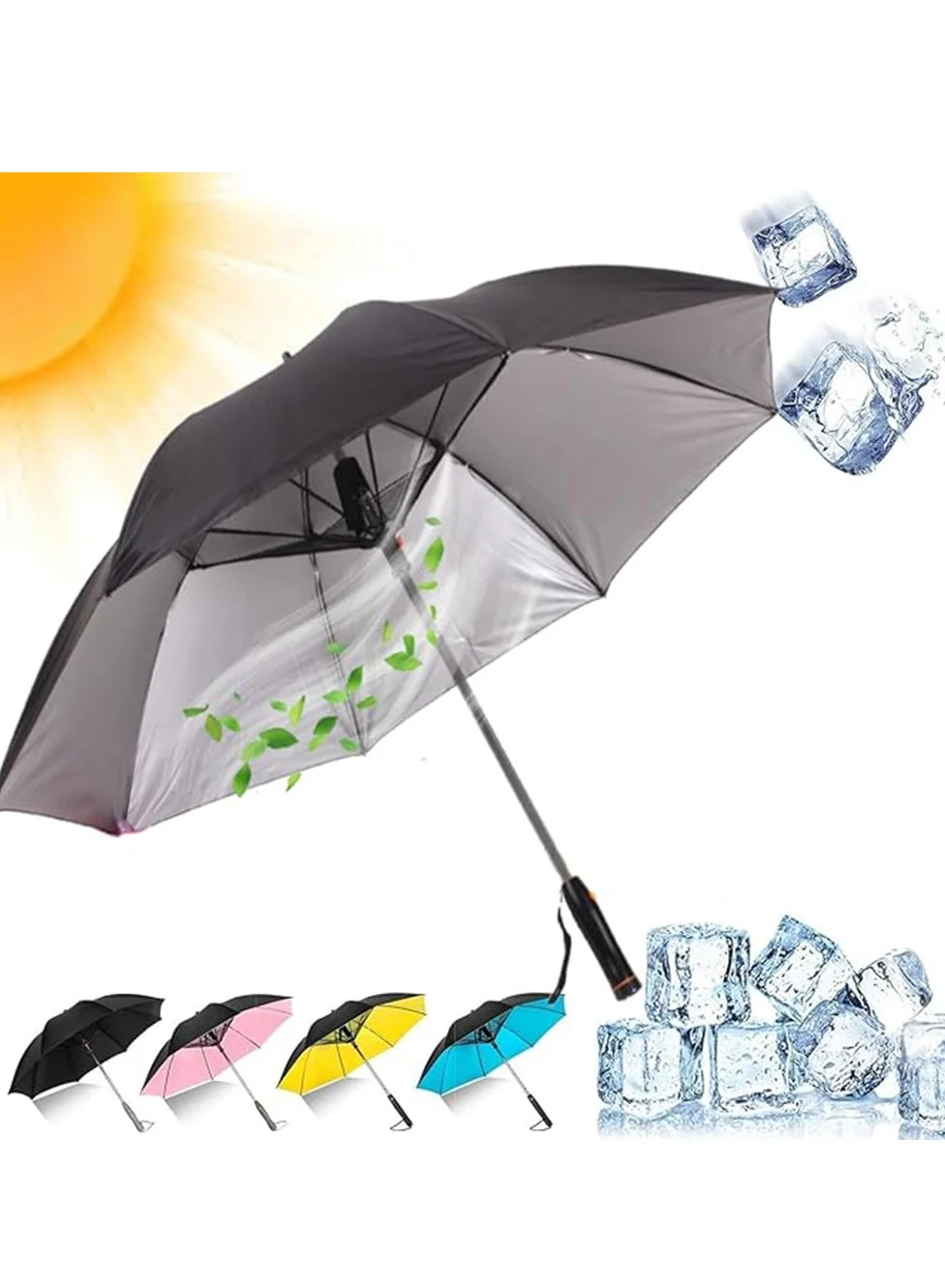 BlueFire 3-in-1 Cooling Umbrella with Built-in Fan and Mister UV Protection Windproof Travel Gear for Outdoor Activities (Black, 105 cm) 1vjj3