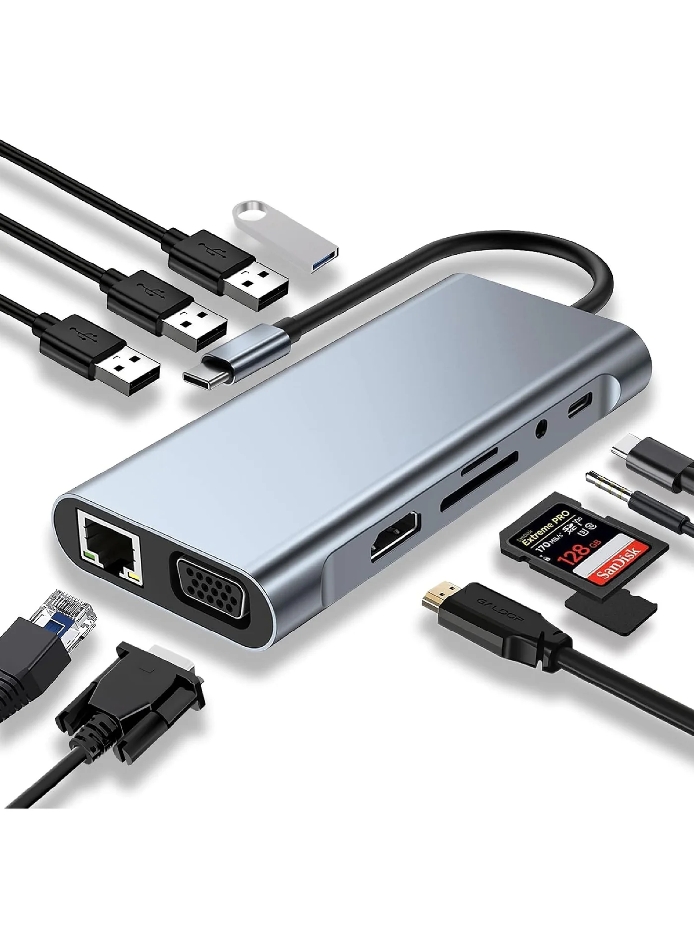 Rock Pow 11-in-1 USB C Hub Adapter with 4K HDMI VGA PD Charging RJ45 Ethernet SD TF Card Reader and 3.5mm AUX Docking Station for Type C Laptops 2cifr