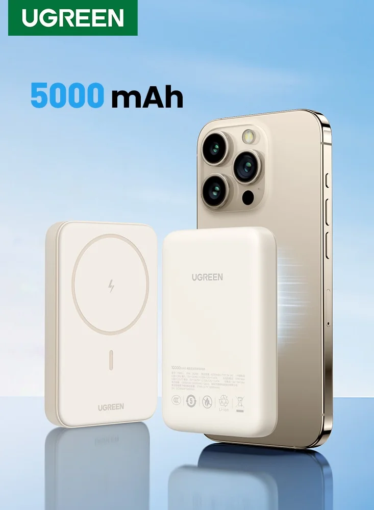 Ugreen Magnetic Wireless Power Bank 5000mAh Portable Fast Charger (White, 5000mAh) jon5f