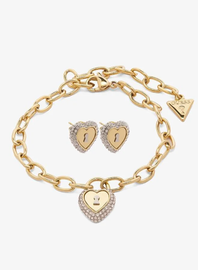 Premium Heart Lock Bracelet and Stud Earrings Set (Gold-Tone, One Size) ahigx