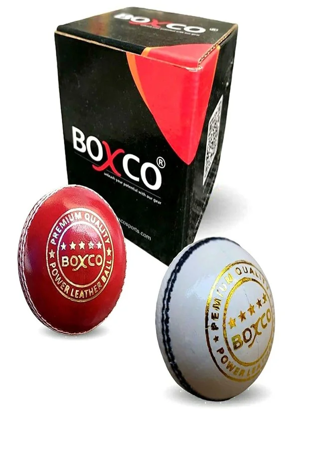 BOXCO Professional Cricket Leather Ball Hand Stitched Four-Piece Construction for T20 and Test Matches (Red and White, Pack of 2) sglfr