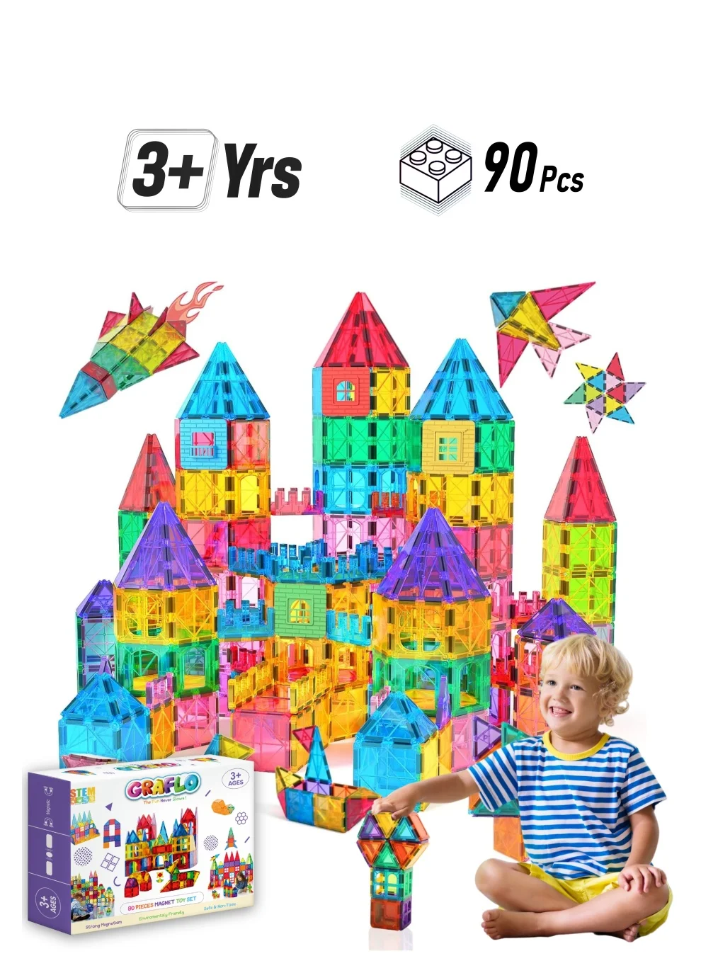 GRAFLO Magnetic Building Tiles 3D Construction Set (Multicolor, 90 Pcs) STEM Educational Toy for Kids wmk4p