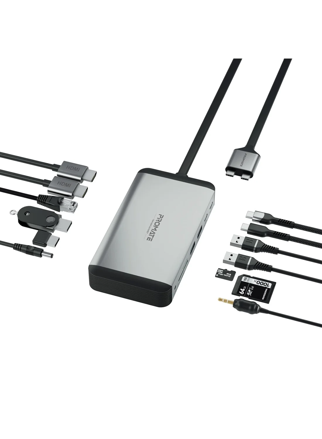 PROMATE 13-in-1 Docking Station with 150W Power Adapter and 4K 60Hz Dual Display Support (Grey, 1 Unit) t3ftx