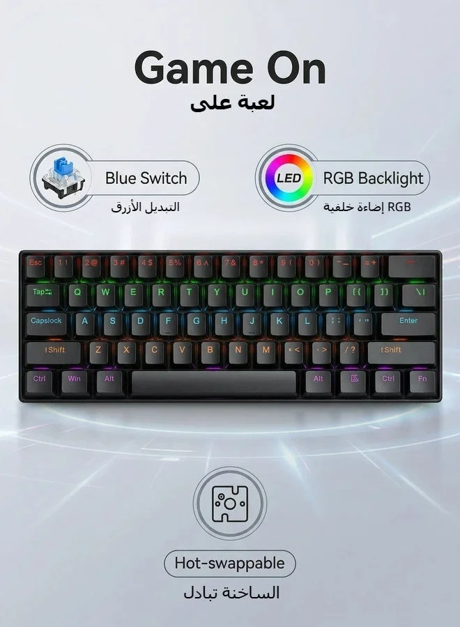 T-WOLF Mechanical Gaming Keyboard RGB Backlit Hot-Swappable Wired Compact Keyboard with Type-C Detachable Cable (Black, 60% Layout) og8q0