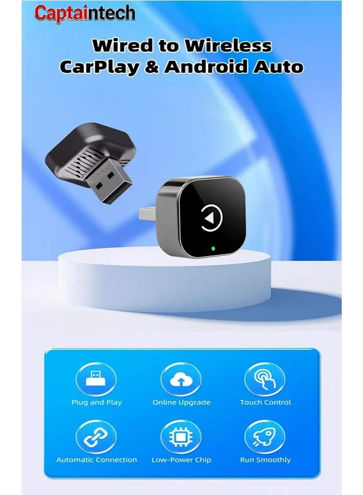 Captaintech 2-in-1 Wireless CarPlay and Android Auto Adapter Dongle for Vehicles (Black, 1-Pack) epwzc