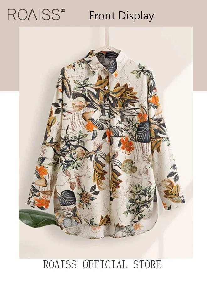 Roaiss Floral Long Sleeve Blouse Vintage Boho Tropical Print Cotton Linen Shirt (Multicolor, Medium) nl7i1
