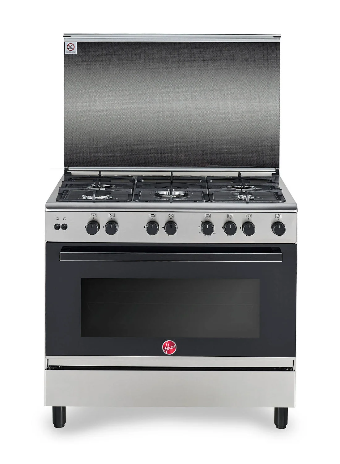 Hoover 90x60cm Freestanding Full Gas Cooker with 5 Burners, Gas Oven & Grill, Cast Iron Support, Stainless Steel (Silver) gq57m