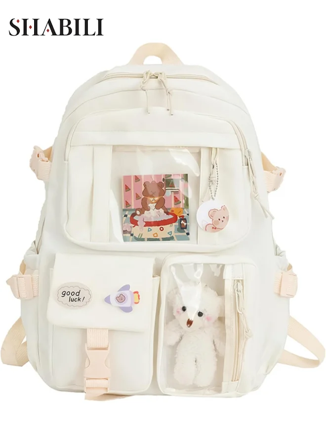 SHABILI Ita Nylon School Backpack Large Capacity Daypack with Plush Charm for Girls and Teens (White, 40x30x11 cm) b91kj