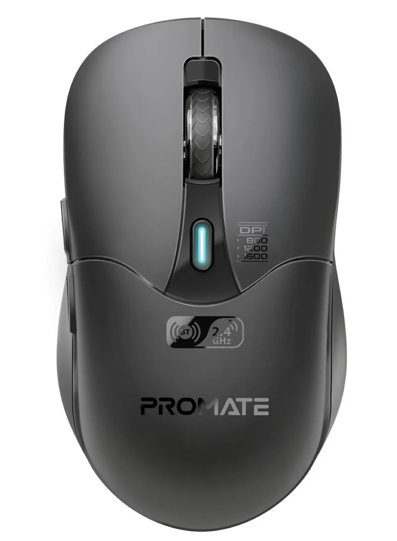 PROMATE Rechargeable Wireless Mouse Dual Mode Bluetooth Nano Receiver 1600 DPI 6-Button Ergonomic Design (Black) acwhy