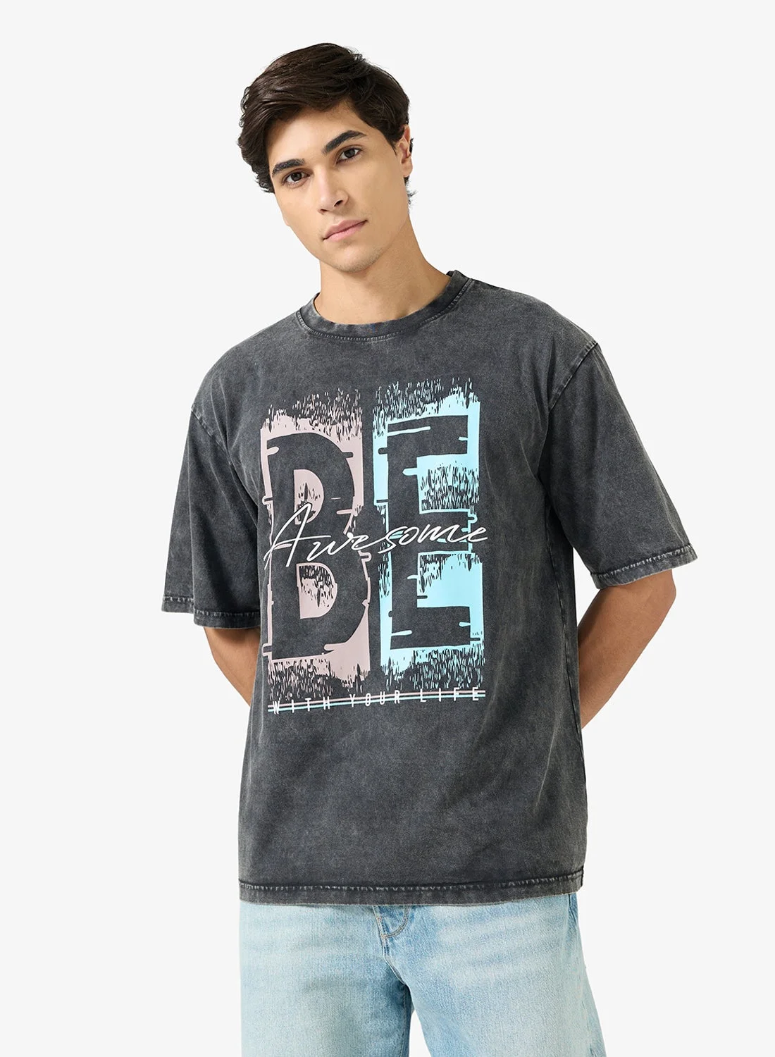 Seventy Five Acid Wash Graphic Crew Neck Oversized T-Shirt (Premium Cotton, Unisex, Adult) zi5lu