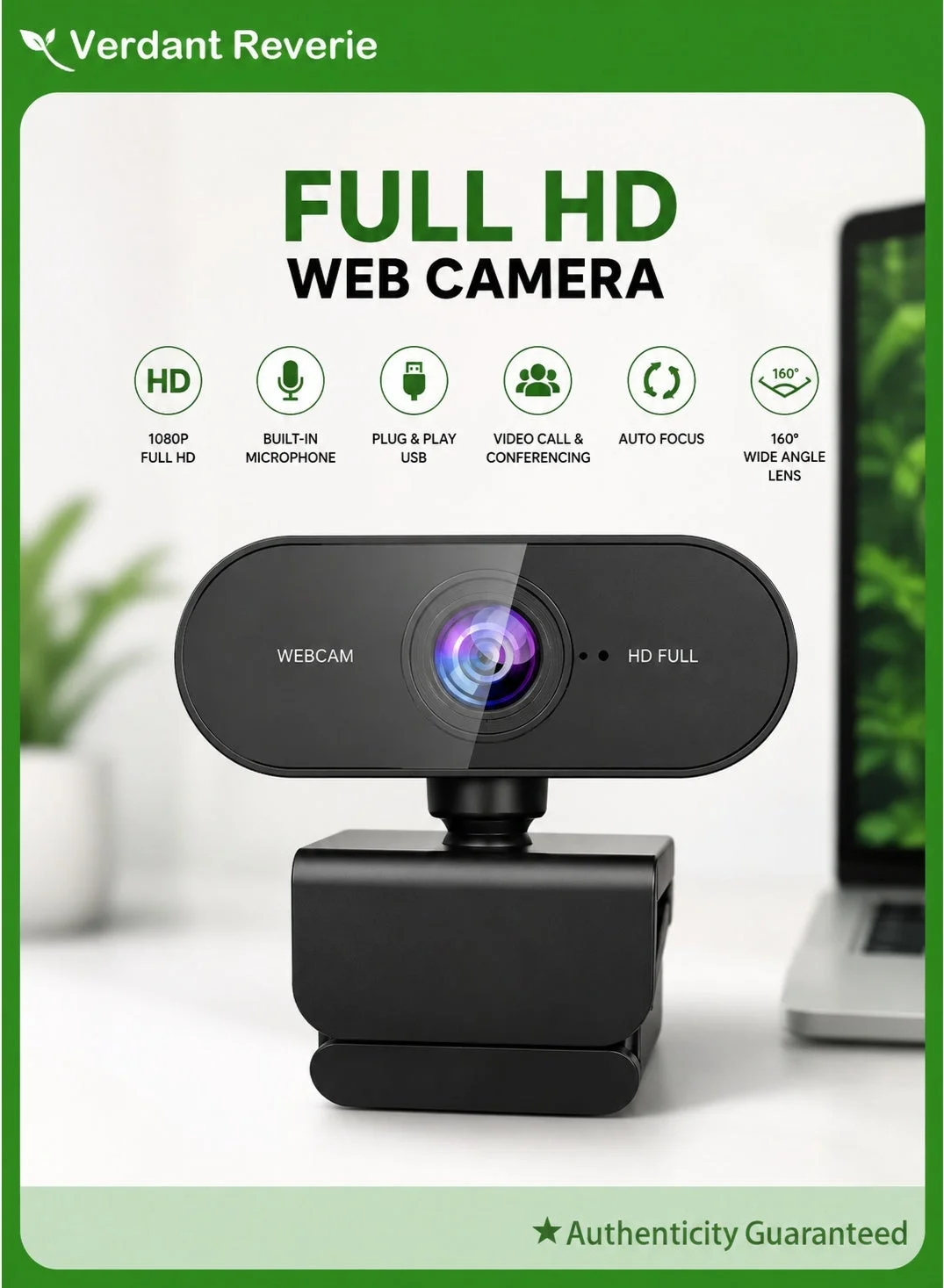 Verdant Reverie 1080P HD USB Web Camera with Built-in Microphone and Tripod Stand (Professional Desktop Video Conferencing) tly0y