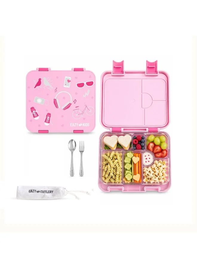 Eazy Kids Convertible Bento Lunch Box with Stainless Steel Spoon and Fork Set (Light Pink, 6-Compartment) 93vq5
