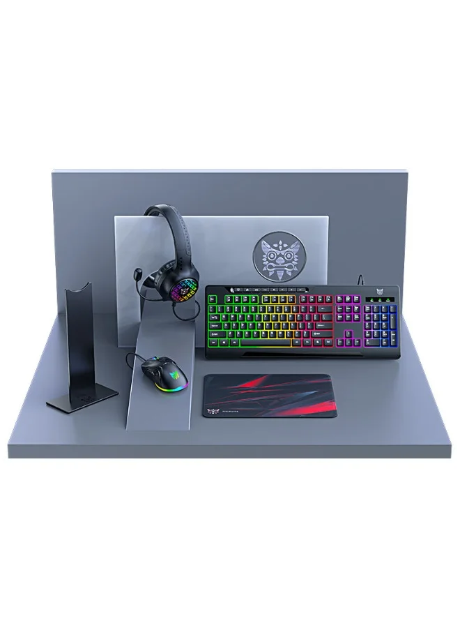 Gaming Combo Set 5-in-1 Mechanical Keyboard Mouse Headset Mouse Pad Ergonomic Design (Black, 1 Set) 9v50g