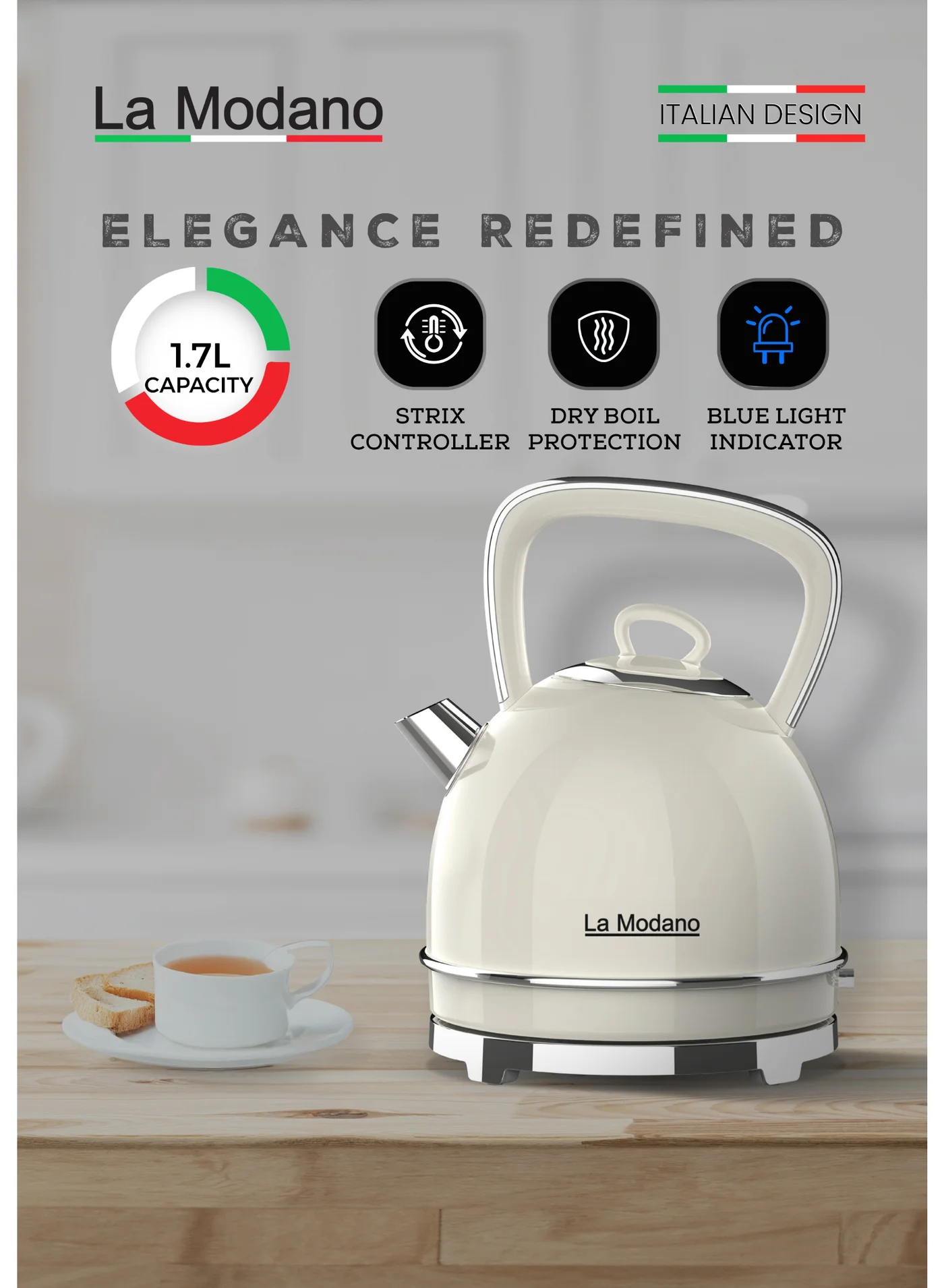 La Modano Retro Electric Kettle Stainless Steel (Blue, 1.7L) 2200W Cordless Kitchen Appliance kqpw7