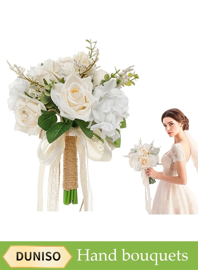 DUNISO Artificial Rose Bridal Bouquet Premium Silk Wedding Flowers (White Champagne, 25cm) 3mzp0