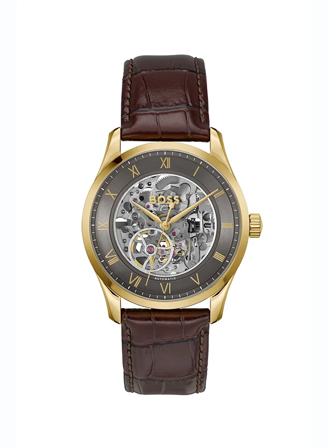 Principle Skeleton Automatic Watch with Dark Grey Dial and Brown Leather Strap (42 mm) u5err