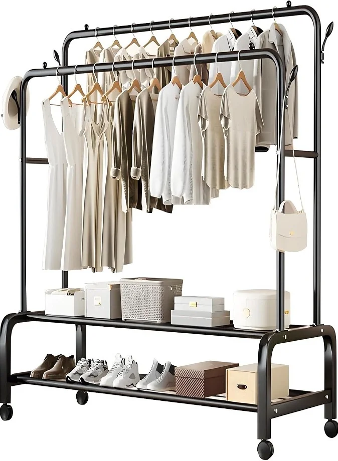 LIVVY Heavy Duty Rolling Garment Rack Double Rail Clothes Organizer with Storage Shelves (Black, 150 cm) kzf39