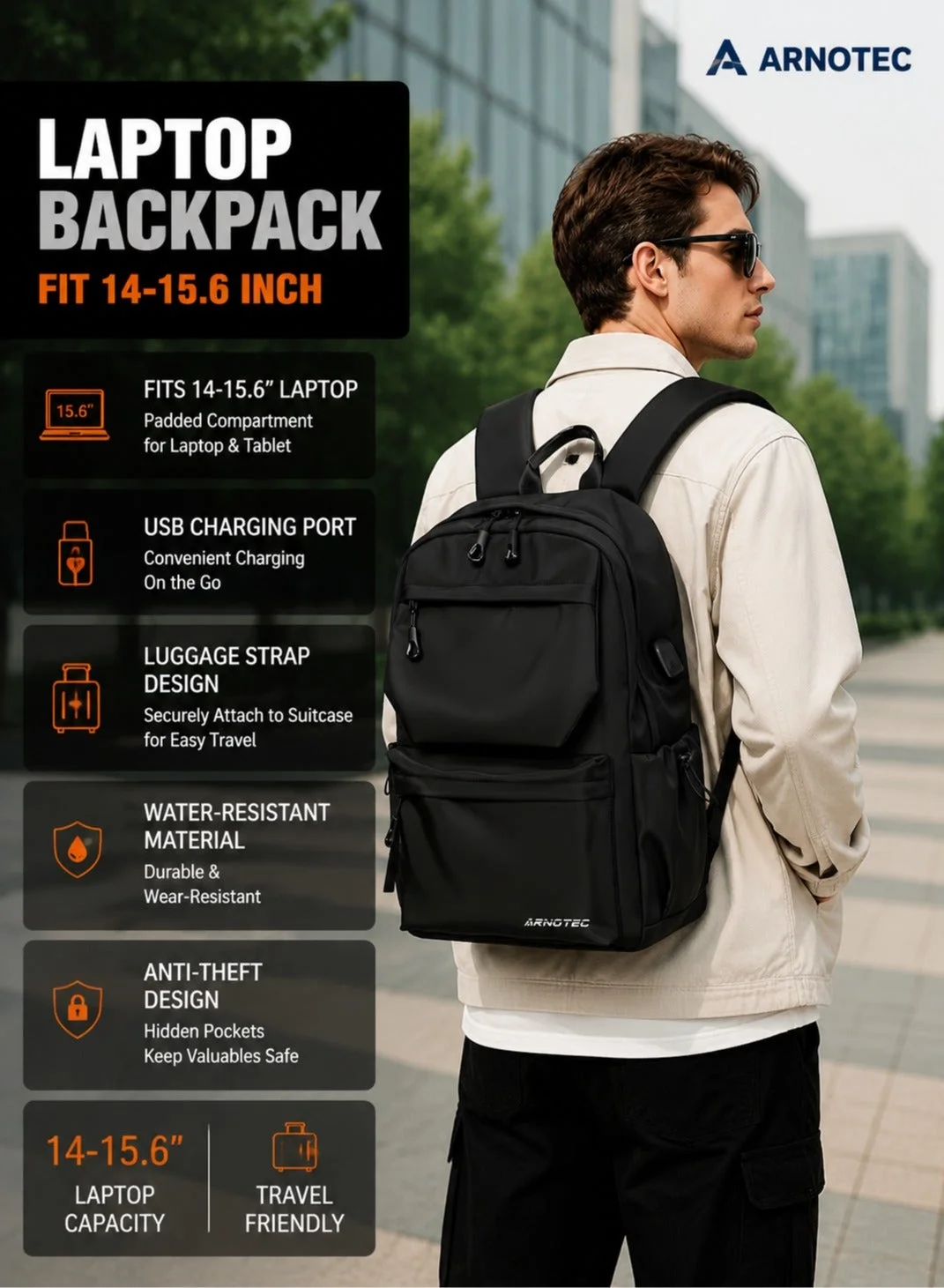 ARNOTEC Laptop Backpack 15.6 Inch Water-Resistant Travel Bag with USB Charging Port and Luggage Strap (Black, 45 cm) fytxq